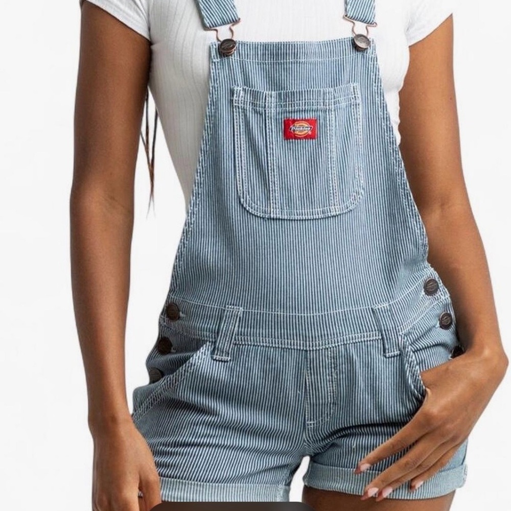 Dickies Women's Light Blue Pinstripe Short Overalls